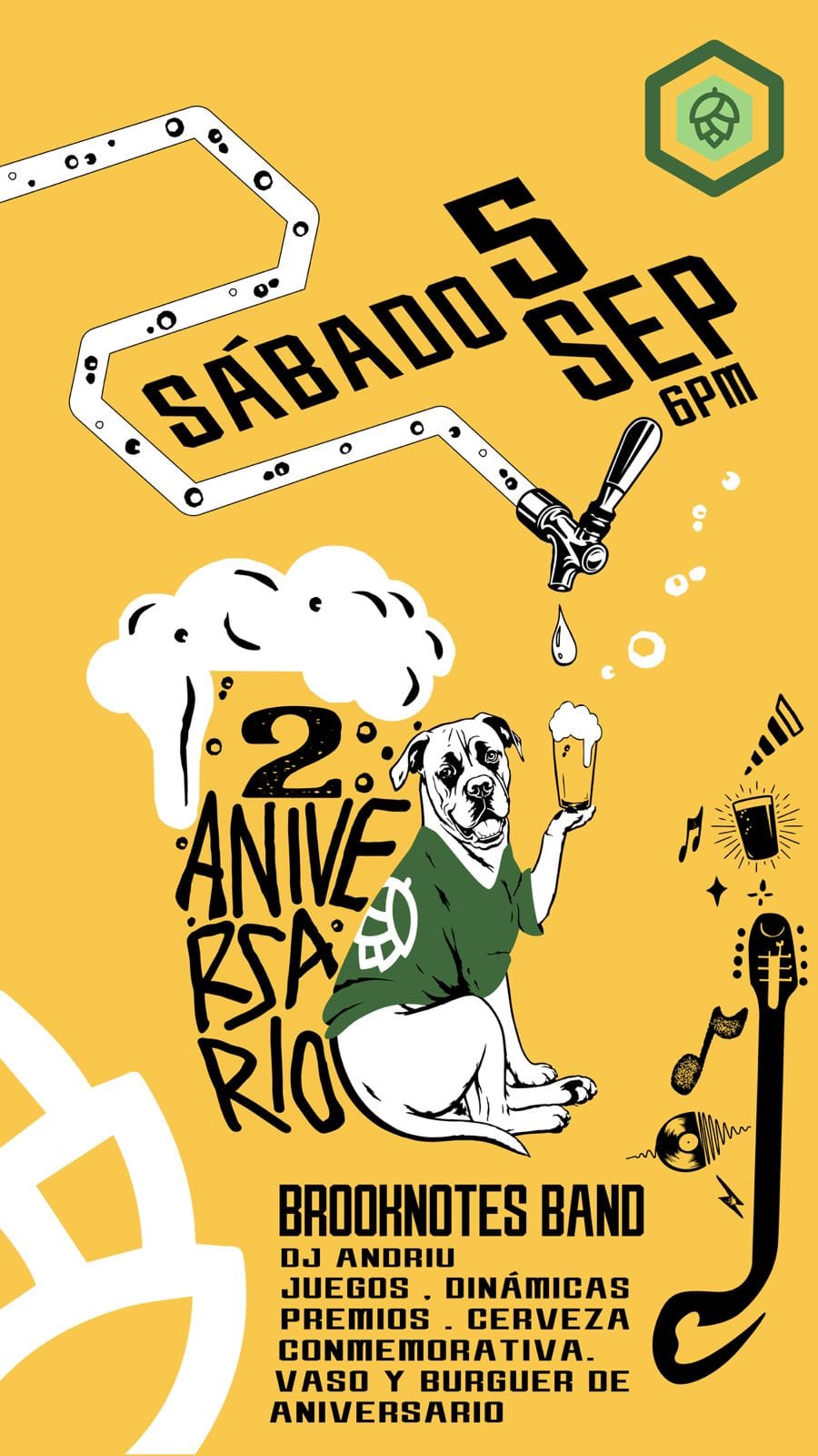Cartel del primer sábado de aniversario de Vecindario Beer Garden con Brooknotes Band
